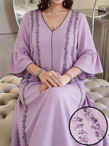 Al Najma Vestido de estilo árabe con mangas con volantes bordadas para mujer de talla grande - Rosa - Ver 1