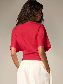 AiiRZ Ruched Cinched Crop T-Shirt With Flutter Sleeves And Fitted Waist For Summer Casual Everyday Wear - Red - View 2