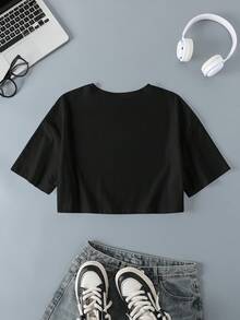 Mean Girls | SHEIN Women's Round Neck Letter & Character Print Casual Versatile Daily Travel T-Shirt - Black - View 2