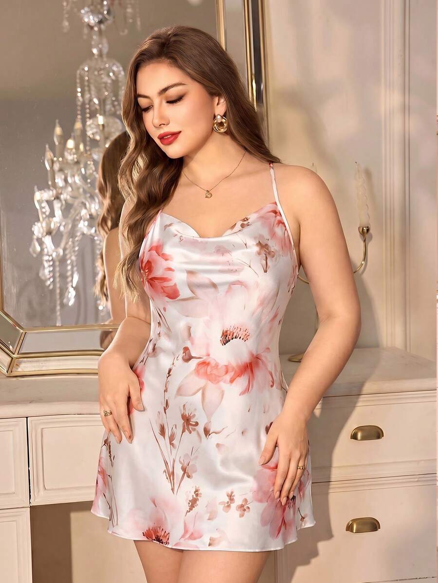 MuseNap CURVE Piyama Wanita Ukuran Plus dengan Motif Tinta dan Leher Kerah Model Cami dari Satin - MultiWarna - View 1