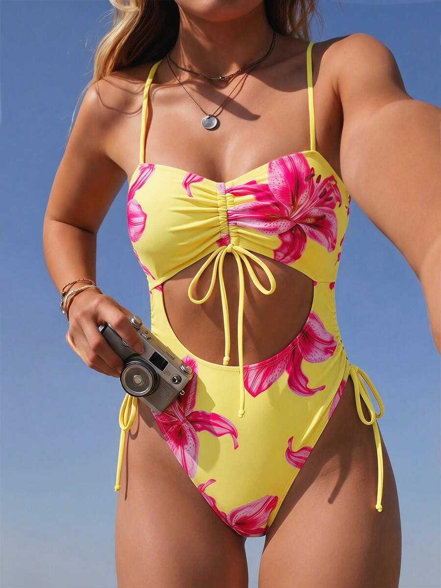 Swim Mod 2025 女款夏季海灘派對豹紋鏤空連身泳衣 黃色 輕盈性感 - 鵝黃色 - 查看 1