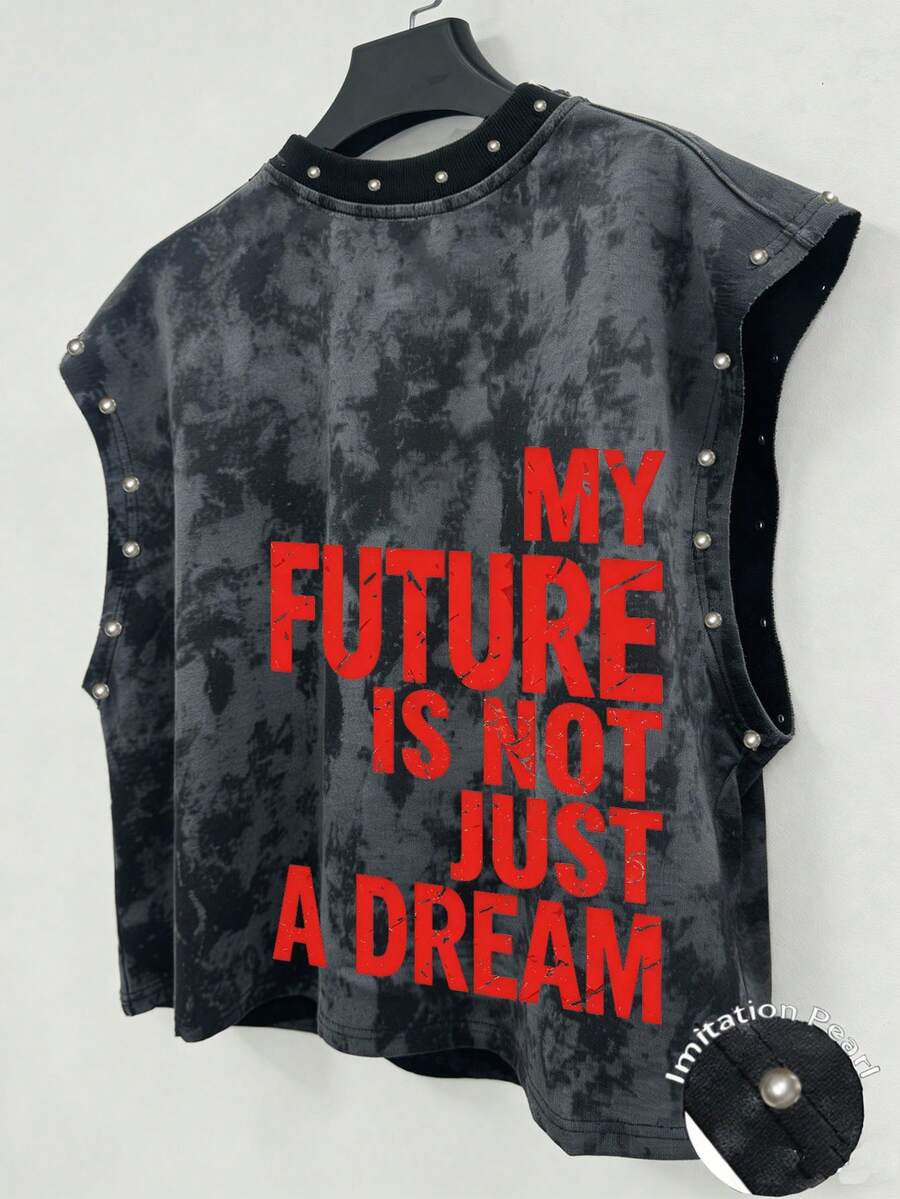 Manfinity EMRG 男士短版背心 MY FUTURE IS NOT JUST A DREAM 仿珍珠背心 中性音樂節背心 - 黑色 - 查看 1