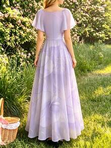Modelyn 雙色花卉鏤空設計印花女款花卉洋裝，時尚方領百褶飄逸袖設計女裝，夏季收腰長款優雅洋裝，適合夏季度假、日常穿著 - 彩色 - 查看 2