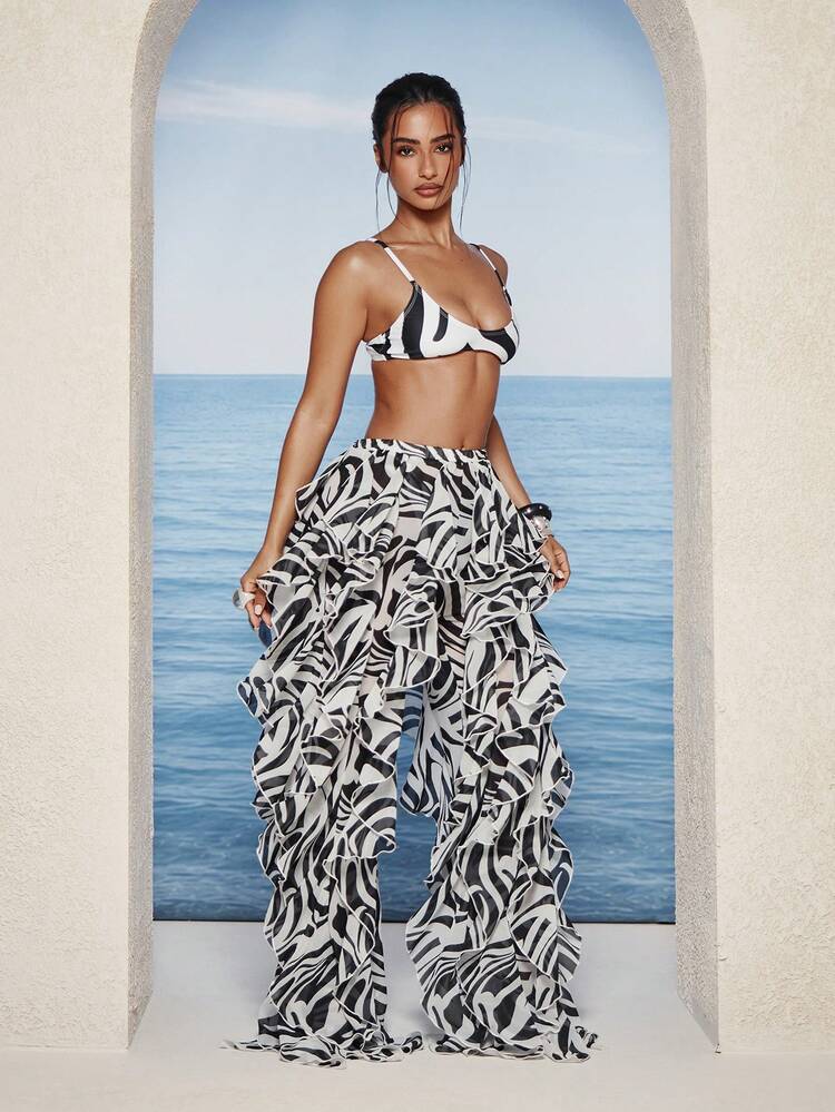Swirl Print Ruffle Frill Flare Trouser