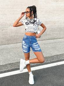 SHEIN Girlism 少女 Y2K 春夏假期纯色水洗低腰破洞下摆牛仔短裤，夏季波西米亚风海滩音乐会狂欢节 - 中等水洗藍 - 查看 6