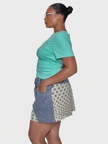 MUSERA Blue Studded Star Graphic Slogan Crew Neck Short Sleeve Fitted Tee T Shirt - Green - View 4