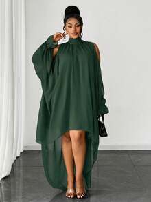 Maweii Plus Size Women's Solid Color Chiffon Off-Shoulder High-Low Pleated Dress Fall - Dark Green - View 6