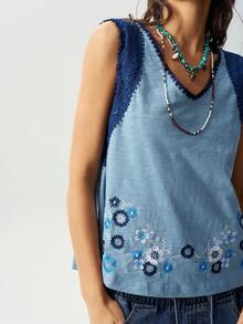 Bohemela Lässiges einfarbiges gestricktes V-Ausschnitt ärmelloses locker sitzendes Damen Tanktop - Blau - Übersicht 4