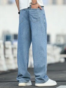 Manfinity Homme 男士斜口袋宽松牛仔裤 - 藍色 - 查看 2