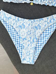 Swim Mod 女款甜美花卉圖案雙色特殊雙層面料掛脖比基尼套裝，適合海灘度假 - 彩色 - 查看 7