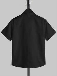 SHEIN Tween Boy Pleated Single-Breasted Short Sleeve Shirt For Casual Outings - Black - View 2