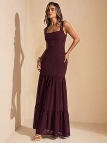 SHEIN BAE Spring/Summer Dark Coffee Square Neck Sleeveless Fitted Bodycon Dress With Layered Ruffle Hem And Flared Maxi Skirt, Elegant Wedding Guest Party Dress - Brown - View 3