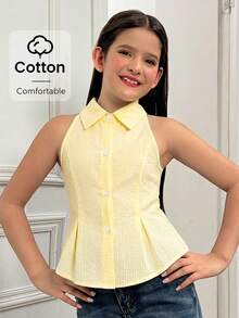 SHEIN Tween Girl Yellow Summer Elegant And Classy Vacation Back-To-School Collared Sleeveless Pleated Cinched Waist A-Line Button-Front Shirt Blouse - Yellow - View 3