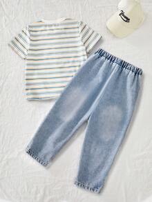 2pcs/Set Boys Casual Fashion Striped T-Shirt And Jeans Outfit, Suitable For Spring/Summer, Outings, Daily Wear - Black and White - View 2