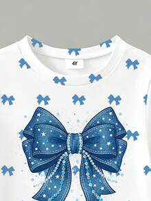 Conjunto 2 Peças para Meninas Jovens, Top Camiseta de Manga Curta com Laço Azul, Estampa de Bordado Falso e Calça Cargo com Bolso na Cor Combinando, Estilo Fashion Doce, Adequado para Passeios no Verão - Multicolorido - Visão 4