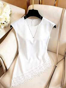 SHEIN Franclia Damen Sommerhemd mit Spitzenbesatz und asymmetrischem Saum - Weiss - Übersicht 1