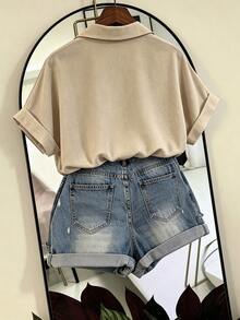 SHEIN Franclia Camisa casual versátil de unicolor para uso diario y salidas de mujer - Caqui - Ver 2