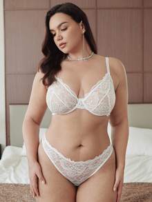 Slumbrini 1 Set Women Plus Size Solid Color Lace Underwire Comfortable Bra Set, Lift - White - View 3