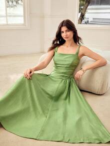 MOTF PREMIUM SPRING/SUMMER WOMEN'S TEXTURED WAIST-CINCHED FLARED STRUCTURE DESIGN DRESS - Green - View 3