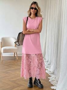 SHEIN LUNE 女款休閒素色蕾絲拼接春夏日常基本款外出通勤時尚無袖洋裝 - 粉色 - 查看 4