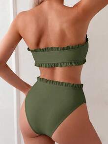 Swim Basics 女款夏季海灘純色荷葉邊飾抹胸比基尼套裝，前打結設計，兩件式泳衣黑色泳裝 - 綠色 - 查看 2