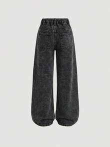 SHEIN 青少年女孩休閒牛仔寬鬆寬腿長褲附口袋 - 黑色 - 查看 2