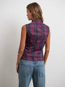 Nöista Plaid Mandarin Collar Top With Keyhole Neckline For Going Out And Vacation Styling. - Purple - View 5