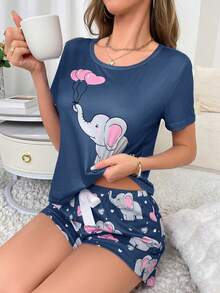 SHEIN Cute Elephant Heart 2 Pieces Women's Pajama Set - Multicolor - View 3