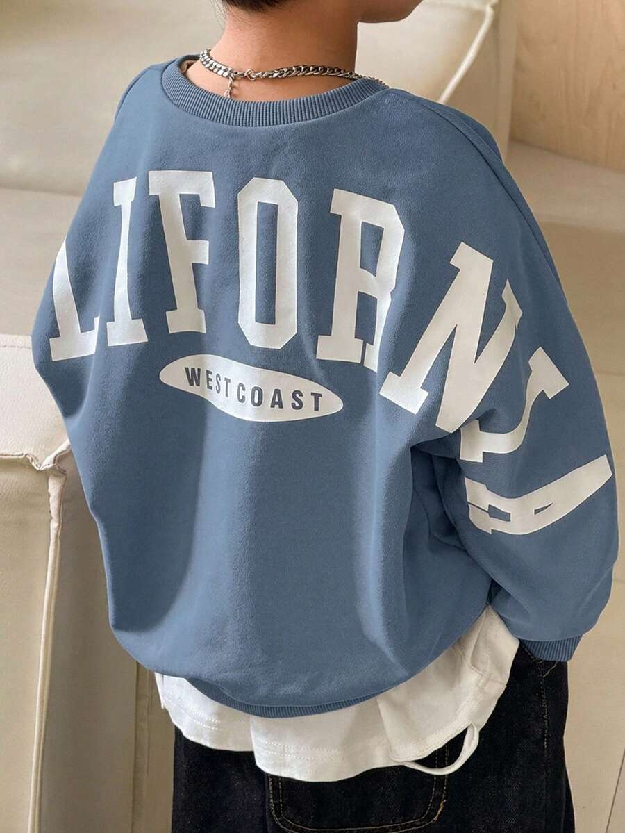 SHEIN 男婴宽松圆领超大款落肩印花加厚抓绒卫衣,饰有大号字母印花,适合冬季穿着 - 霧霾藍 - 查看 1