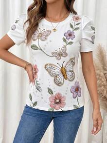 SHEIN Clasi 女款花卉印花度假風百搭圓領T恤 - 白色 - 查看 5