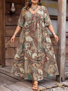 SHEIN CURVE+ Curve Size US22 女款寬鬆小碎花 V 領短袖娃娃洋裝 米色 夏季音樂祭海邊度假波希米亞 1950s 復古 90s 風格 - 彩色 - 查看 9