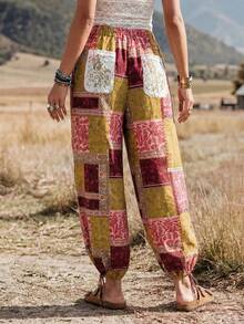 Wildy BOHO Vintage Casual Western Country Print Pattern Women's Autumn Daily Basic Outfit Outing Vacation Holiday Commute Pocket Lantern Pants Pink Floral - Multicolor - View 4