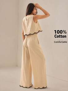 SHEIN PETITE 女款時尚淺米色兩件套，對比色蕾絲飾邊無袖上衣與寬腿長褲，夏季休閒度假服飾，適合嬌小女性 - 卡其色 - 查看 3