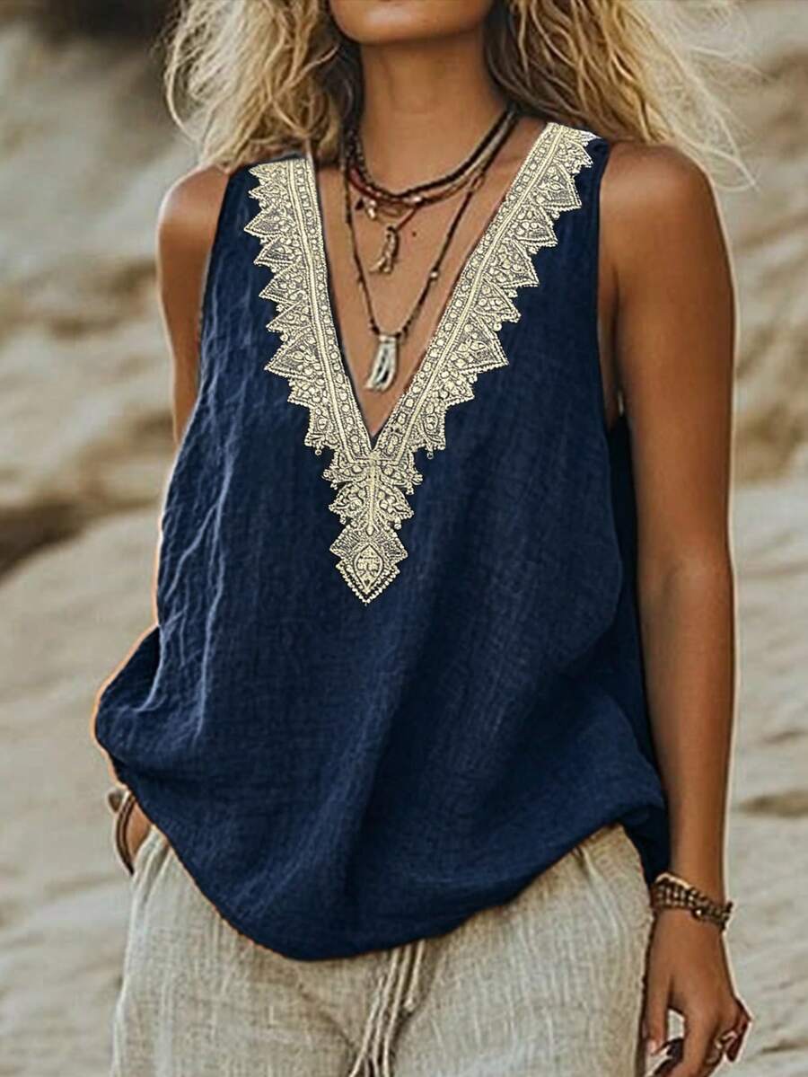 EMERY ROSE Women's Woven Casual Resort Summer Top - Navy Blue - View 1