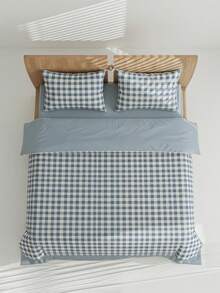 Veyra Day 3pcs 100% Polyester Vintage Plaid Printed Duvet Cover Set, 2 Pillowcases + 1 Duvet Cover Combo (No Fitted Sheet/Flat Sheet Included) - Blue - View 5