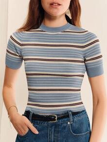 lacRébo Blue Striped Fitted Ribbed Top With Short Sleeves And Round Neckline Summer Holiday Chic French Business Casual - Multicolor - View 3