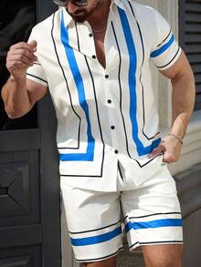Manfinity Homme 男士夏季条纹短袖单排扣休闲衬衫 - 彩色 - 查看 4