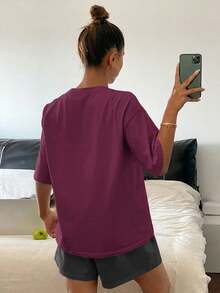 DAZY 純色寬鬆短袖T恤與短褲2件組女款居家休閒服 - 紫色 - 查看 2