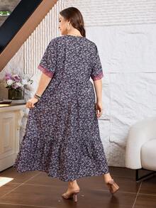 Lacomfia Summer Multicolor Print Patchwork Dark Purple Lace Trim Casual Elegant Plus Size Women's Dress Party - Multicolor - View 2