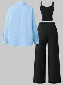 SHEIN 3件組/套 黃色長袖條紋數位印花上衣、黑色長褲、吊帶背心，適合春夏季外出穿著 - 藍色 - 查看 2