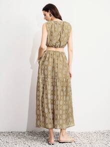 Aveloria Modichic Summer Hollow Embroidery Floral 3D Heavy Fabric Khaki Off-Shoulder Sleeveless Cropped Loose Top Patchwork A-Line Long Skirt Women's 2-Piece Set Sexy - Green - View 7