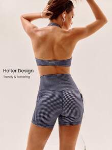 GLOWMODE FeatherFit™ Bring The Heat Bra Olahraga Halter Demi Anti-Selip Lembut dan Ringan dengan Cup yang Dapat Dilepas, Cocok untuk Yoga, Pilates, Studio, dan Aktivitas Sehari-hari dengan Dampak Rendah - Blue and White - View 2