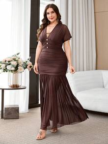 Reflora Vestido de fiesta elegante de talla grande con unicolor y fruncido - Marrón - Ver 4