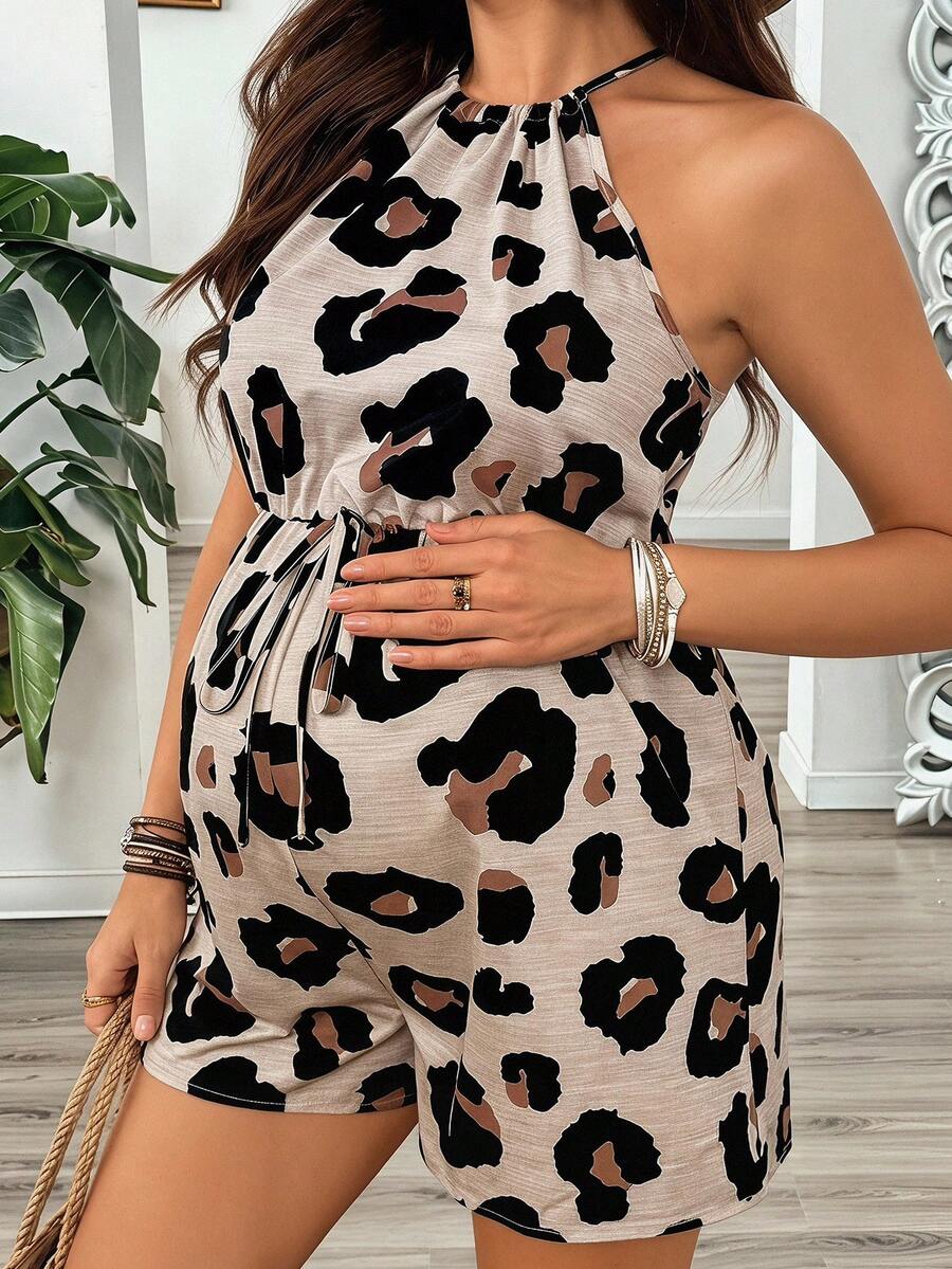 SHEIN 孕婦休閒度假豹紋綁帶連身褲 - 卡其色 - 查看 1