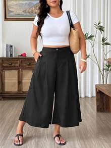 SHEIN PETITE CURVE 大尺碼女款休閒亞麻七分褲，適合休閒、海灘與居家穿著 - 黑色 - 查看 4