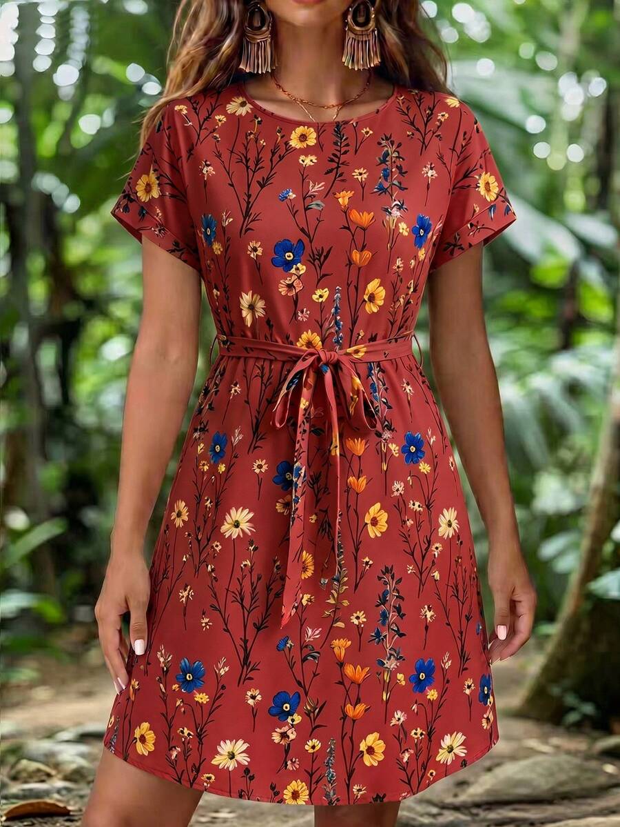 Celure Summer Vacation Casual Plus Size Floral Print Dress - Red - View 1