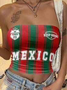 StreetHx 女款夏季抹胸上衣 MEXICO 墨西哥國旗 紅色條紋 足球世界盃 演唱會 運動風 時尚街頭旅行穿搭 - 彩色 - 查看 1