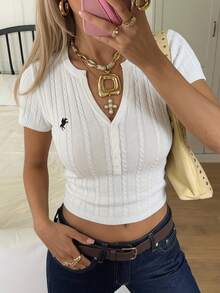 SHEIN EZwear 女士夏季休闲通勤百搭骑士刺绣半扣开衫短款麻花针织上衣 - 白色 - 查看 7