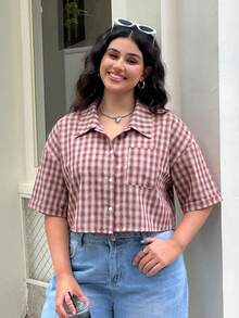 Solflare Plus Size Women's Plaid Single-Breasted Casual Versatile Daily Outing Shirt - Pink - View 4