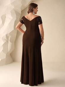 Coutiva Plus Size Women's Rhinestone Decorated Patchwork Ruffle Elegant Bridal Mother Dress - Brown - View 2